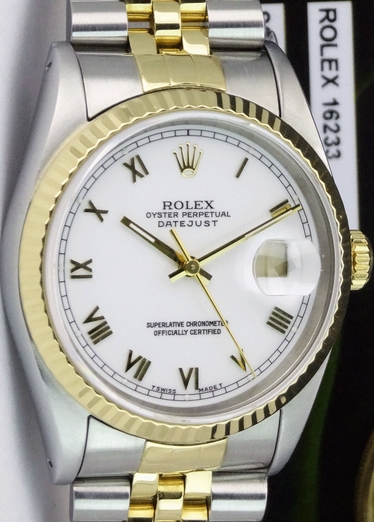 ROLEX 36mm 18kt Gold & Stainless DateJust White Roman Dial Jubilee Band Model 16233
