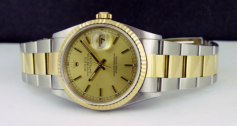 ROLEX 36mm 18kt Gold & Stainless Steel DateJust Champagne Stick Dial Oyster Band Model 16233