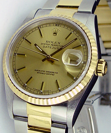 ROLEX 36mm 18kt Gold & Stainless Steel DateJust Champagne Stick Dial Oyster Band Model 16233