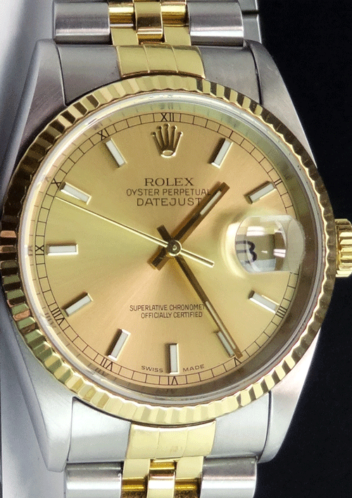 ROLEX 36mm 18kt Gold & Stainless Steel DateJust Champagne Index Dial  Model 16233