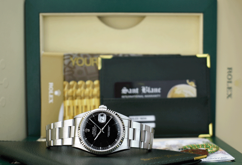 Rolex 18kt White Gold & Stainless Steel Datejust Black Stick Dial Oyster Band Model 16234