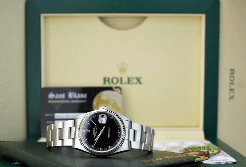 Rolex 18kt White Gold & Stainless Steel Datejust Black Stick Dial Oyster Band Model 16234