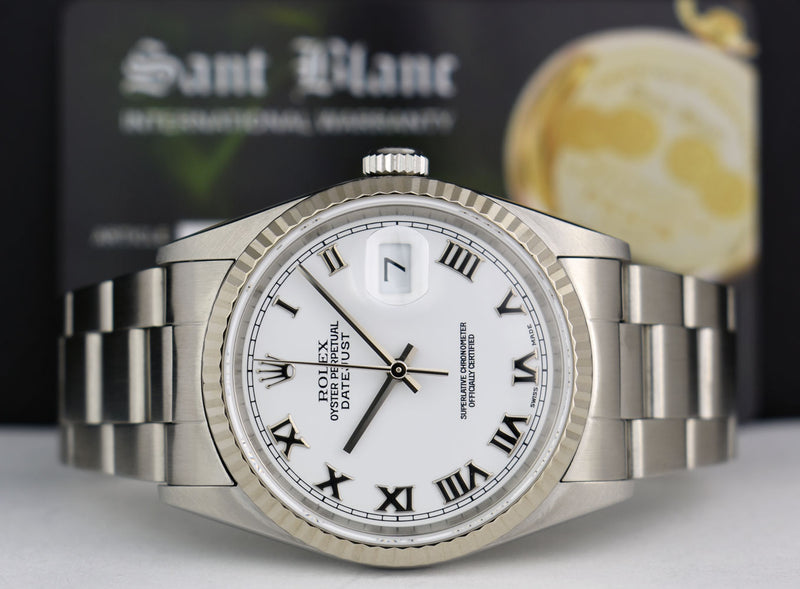 Rolex 18kt White Gold & Stainless Steel Datejust White Roman Dial Oyster Band Model 16234