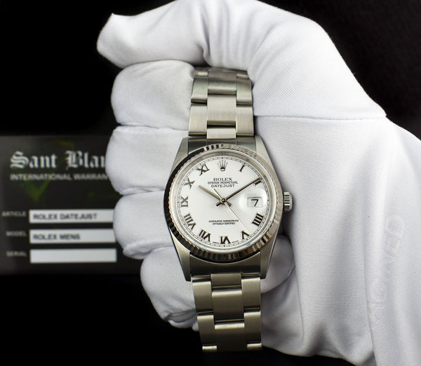Rolex 18kt White Gold & Stainless Steel Datejust White Roman Dial Oyster Band Model 16234