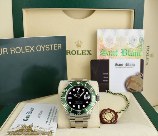 ROLEX Vintage 40mm Stainless Submariner Green Bezel Kermit Model 16610