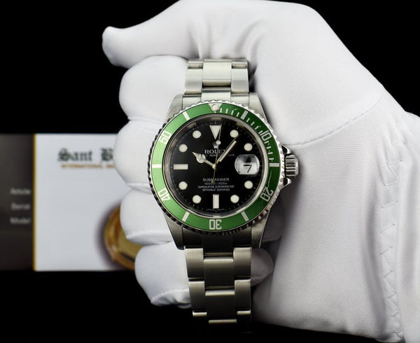 ROLEX Vintage 40mm Stainless Submariner Green Bezel Kermit Model 16610