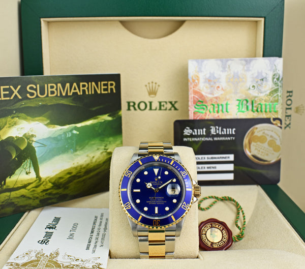 ROLEX Mens 18kt Gold & Stainless Steel Submariner Blue Dial No Holes Model 16613