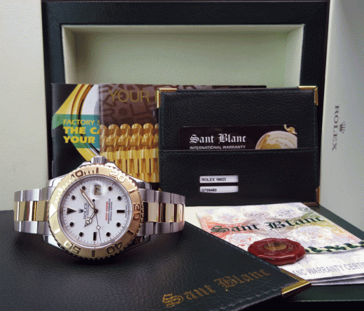 ROLEX Rehaut 18kt Gold & Stainless Steel Yachtmaster with a White Index Dial Model 16623