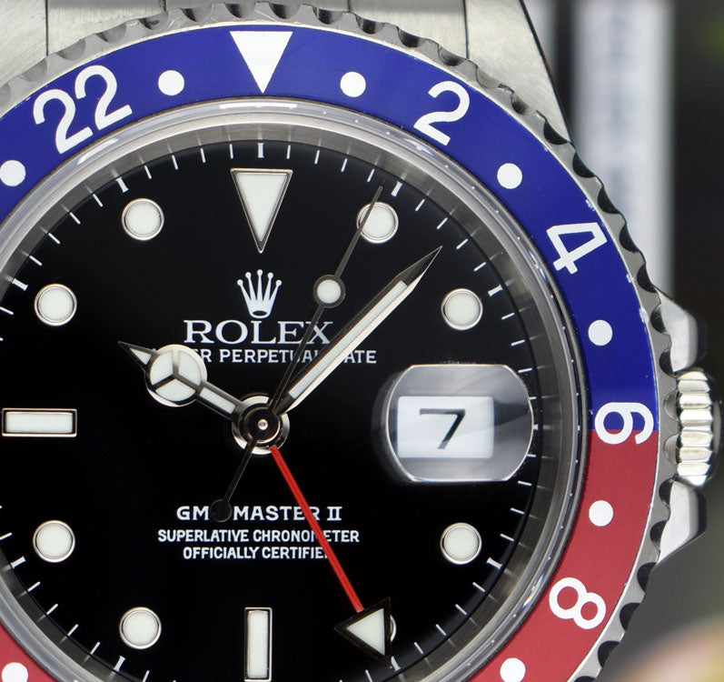 ROLEX 40mm Stainless GMT Master II Pepsi Blue-Red Bezel SEL Model 16710