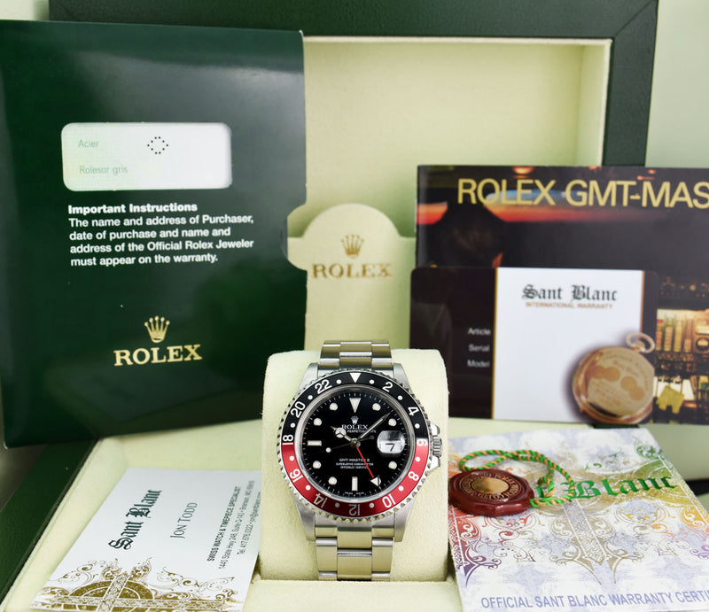 ROLEX 40mm Stainless Steel GMT Master II Black & Red "Coke" Bezel Papers Model 16710