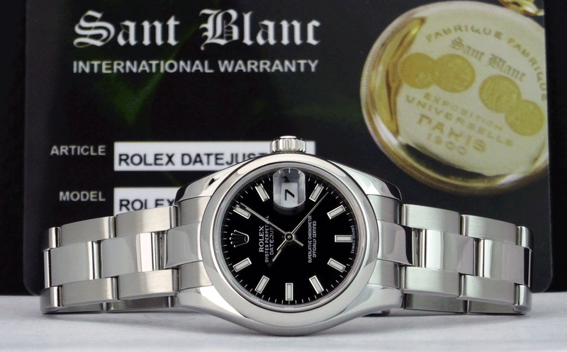 ROLEX Ladies 26mm Stainless Steel DateJust Black Index Dial Model 179160