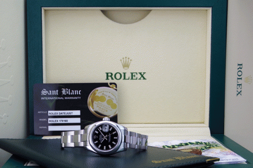 ROLEX Ladies 26mm Stainless Steel DateJust Black Index Dial Model 179160