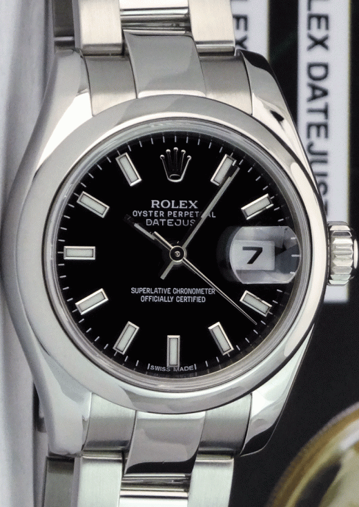 ROLEX Ladies 26mm Stainless Steel DateJust Black Index Dial Model 179160