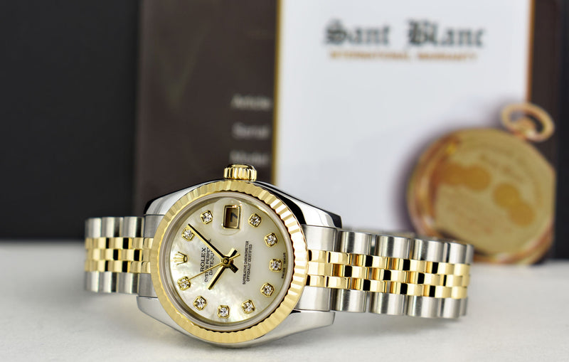 ROLEX Ladies 26mm 18kt Gold & Stainless Steel DateJust MOP Diamond Dial Model 179173