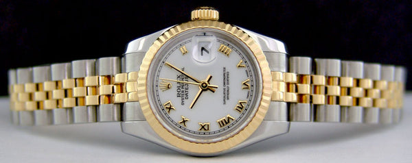 ROLEX Ladies 26mm 18kt Yellow Gold & Stainless Datejust White Roman Model 179173