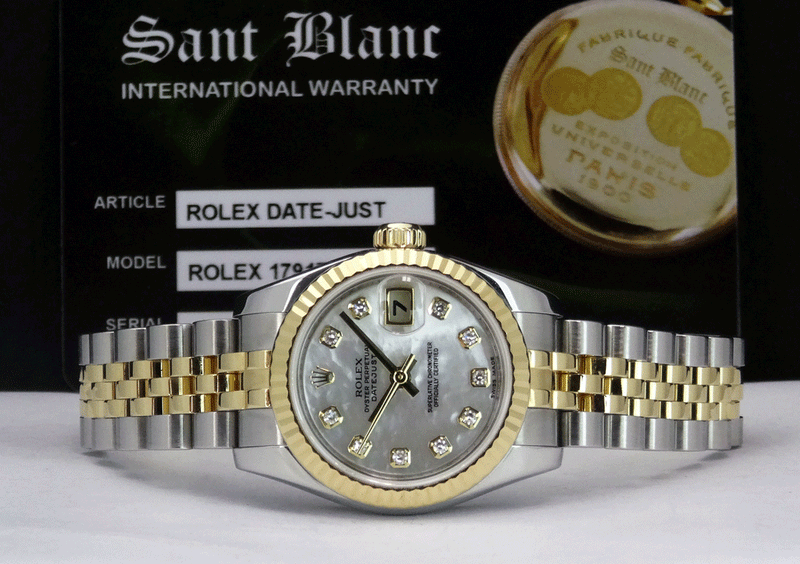 ROLEX Ladies 26mm 18kt Yellow Gold & Stainless Datejust Mother of Pearl Diamond Dial Model 179173