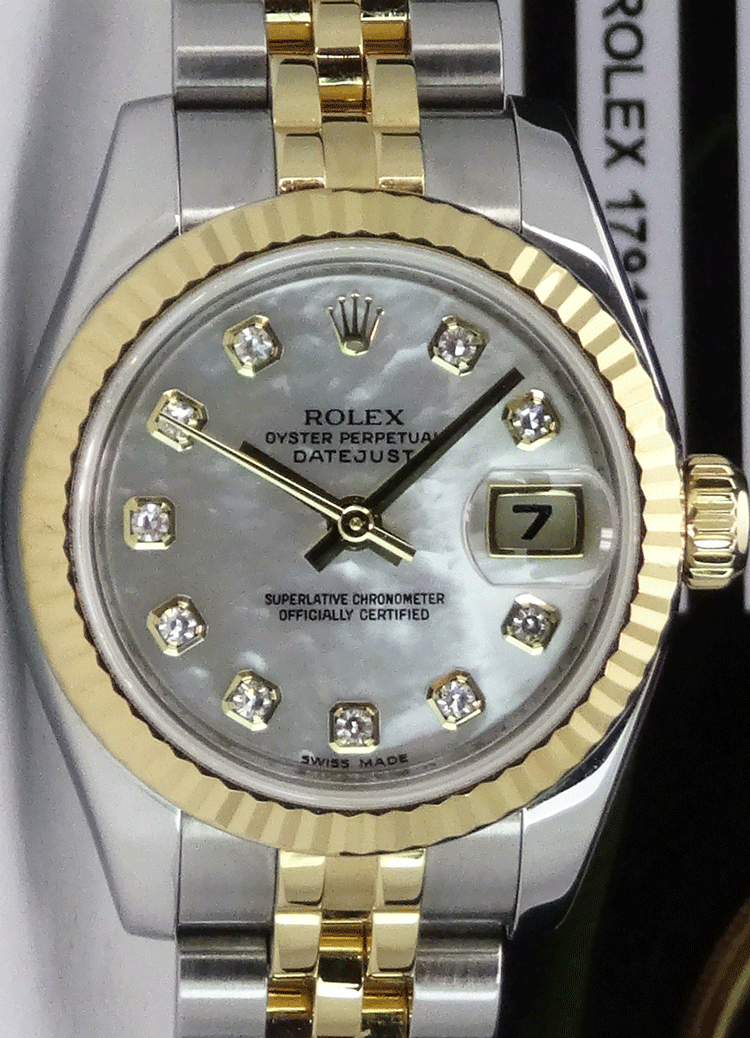 ROLEX Ladies 26mm 18kt Yellow Gold & Stainless Datejust Mother of Pearl Diamond Dial Model 179173