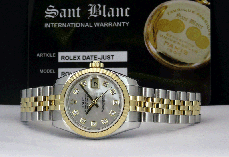 ROLEX Ladies 26mm 18kt Yellow Gold & Stainless Datejust Mother of Pearl Diamond Dial Model 179173