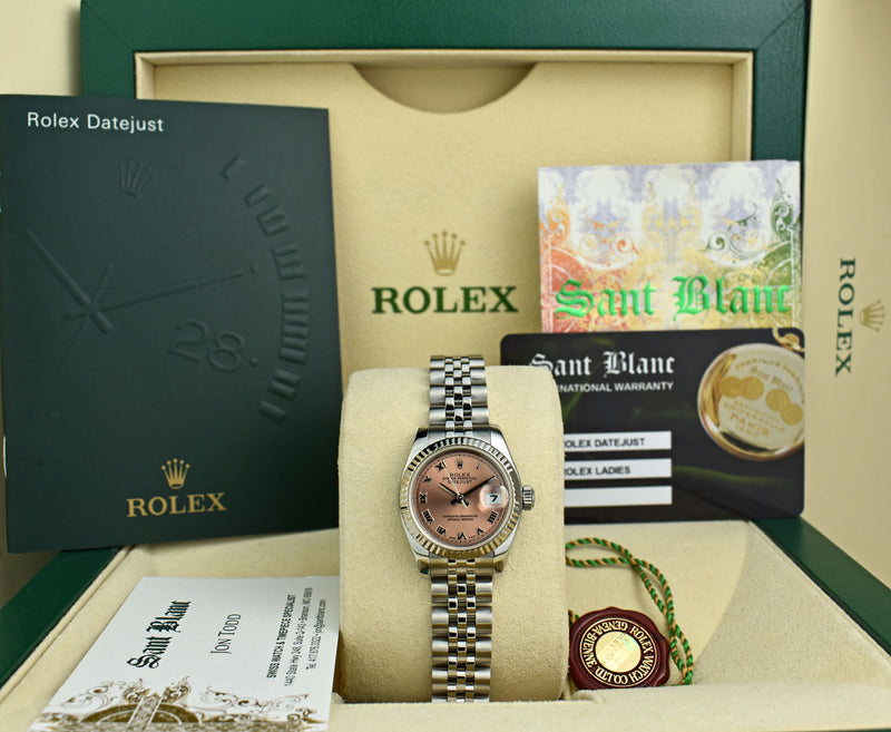 ROLEX Ladies 26mm 18kt White Gold & Stainless Steel Datejust Rose Roman Dial Model 179174