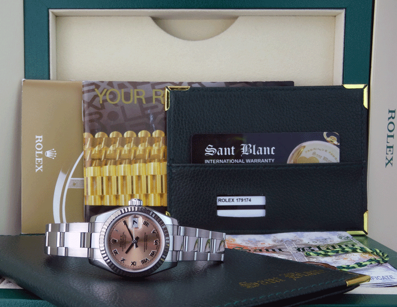 ROLEX REHAUT Ladies 26mm White Gold & Stainless Steel Datejust Rose Roman Dial Model 179174