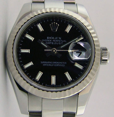 ROLEX Ladies 26mm White Gold & Stainless Steel Datejust Black Index Dial Model 179174