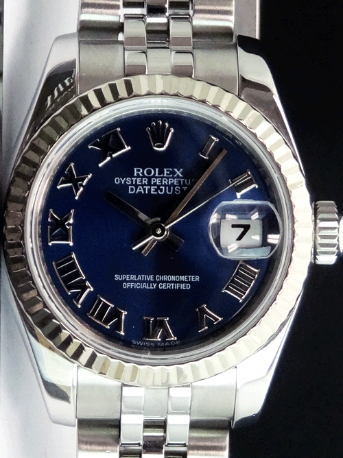 ROLEX Ladies 26mm White Gold & Stainless Steel Datejust Blue Roman Dial Jubilee Band Model 179174