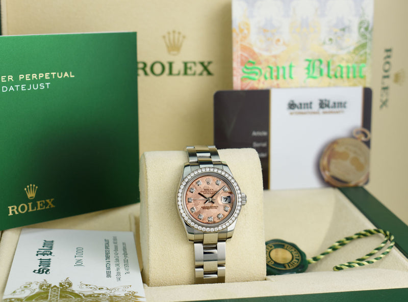 ROLEX LADIES White Gold & Stainless Steel Pink CRYSTAL Diamond Dial Model 179384