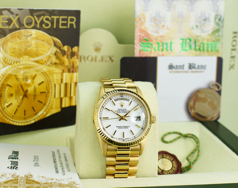 ROLEX 18kt Yellow Gold Day Date President White Stick Dial Model 18038
