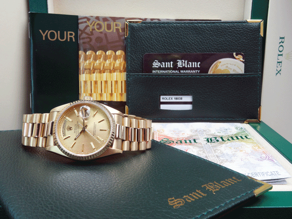 ROLEX 18kt Yellow Gold Day Date President Champagne Tapestry Stick Dial Model 18038