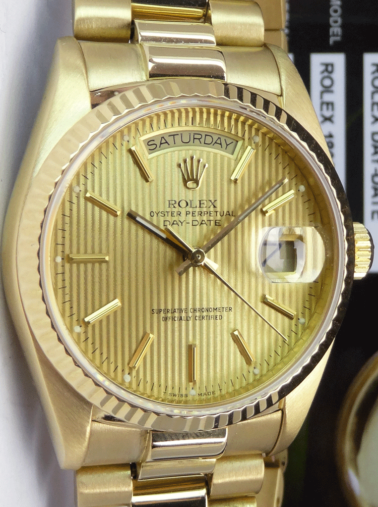 ROLEX 18kt Yellow Gold Day Date President Champagne Tapestry Stick Dial Model 18038