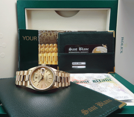 ROLEX 18kt Gold Day Date PRESIDENT Champagne Tapestry Stick 18038