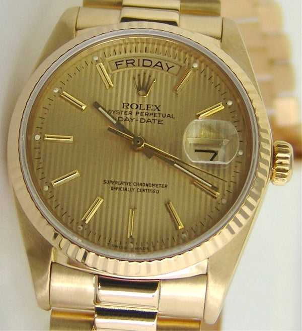 ROLEX 18kt Gold DayDate President Champagne Tapestry Stick Dial Model 18238