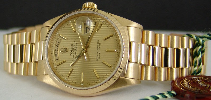ROLEX 18kt Gold DayDate President Champagne Tapestry Stick Dial Model 18238