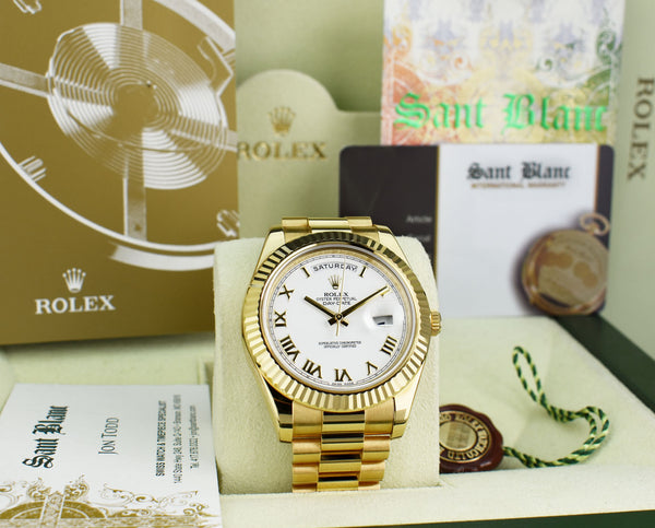 ROLEX 41mm 18kt Gold Day Date II President White Roman Dial Model 218238*