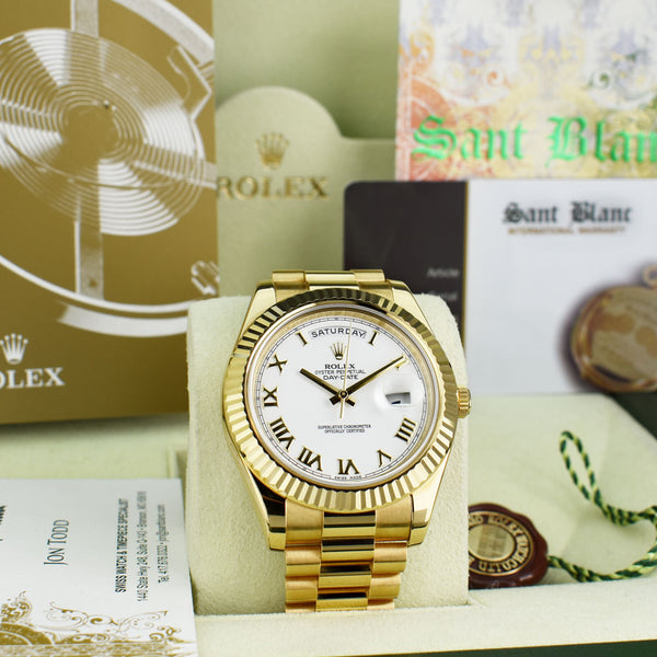ROLEX 41mm 18kt Gold Day Date II President White Roman Dial Model