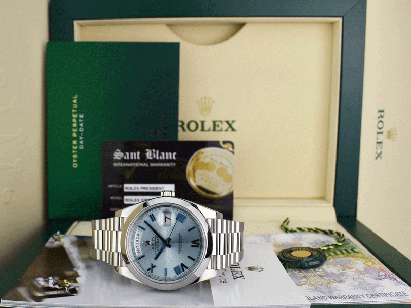 ROLEX 40mm Platinum President Day Date 40 Glacier Roman Dial Model