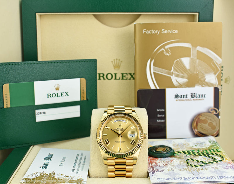 ROLEX 18kt Yellow Gold Day Date 40 President Champagne Roman Dial Model 228238