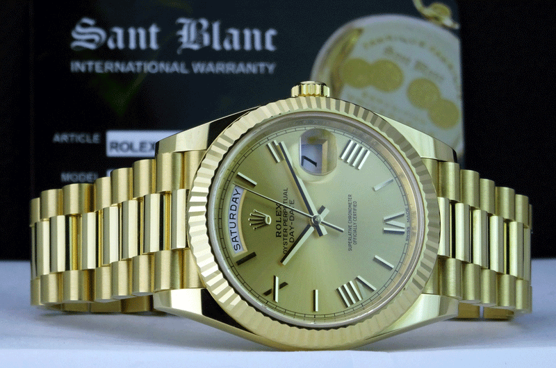 ROLEX Mens 18kt Gold Day Date 40mm President Champagne Roman Dial Model 228238