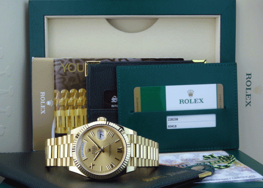 ROLEX 18kt Gold President Day Date 40 Champagne Roman Dial With Card Model 228238