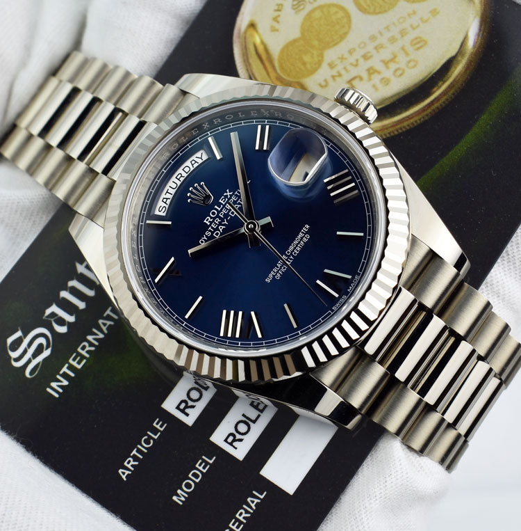 ROLEX 18kt White Gold DayDate 40 President Blue Roman Model 228239