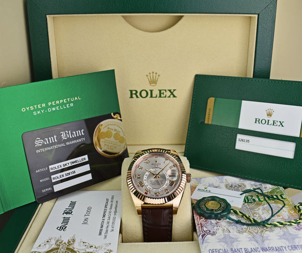 ROLEX 42mm 18kt Rose Gold SkyDweller Silver Roman Dial Model 326135