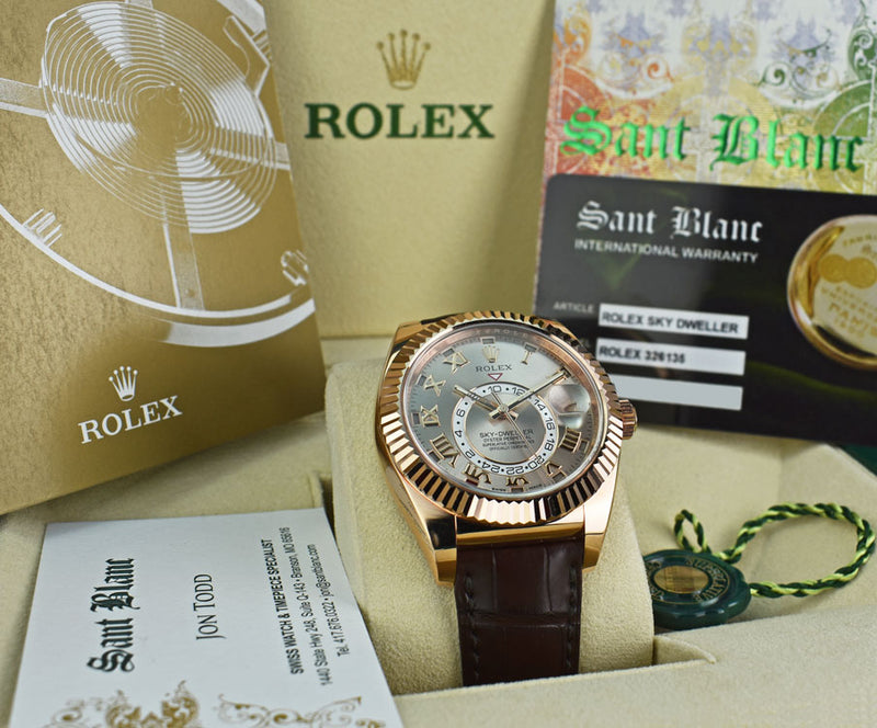 ROLEX 42mm 18kt Rose Gold SkyDweller Silver Roman Dial Model 326135