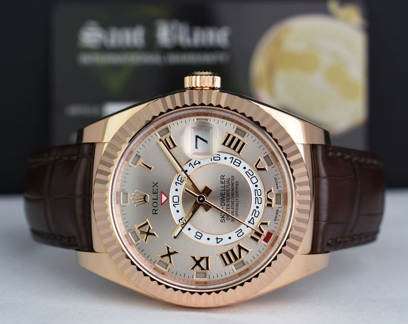 ROLEX 42mm 18kt Rose Gold SkyDweller Silver Roman Dial Model 326135