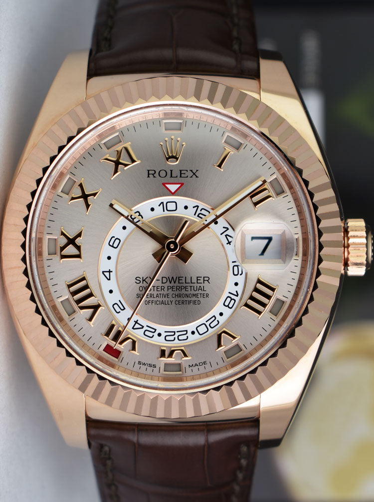 ROLEX 42mm 18kt Rose Gold SkyDweller Silver Roman Dial Model 326135