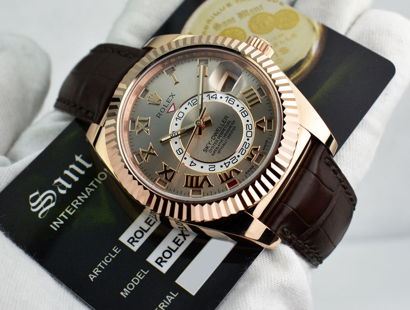 ROLEX 42mm 18kt Rose Gold SkyDweller Silver Roman Dial Model 326135