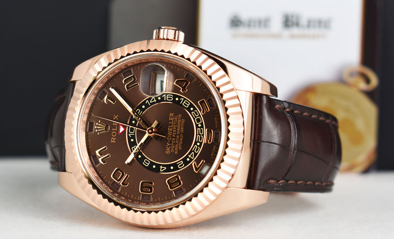 ROLEX 42mm 18kt Rose Gold Sky Dweller Chocolate Arabic Dial Model 326135