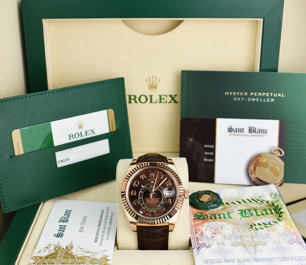 ROLEX 42mm 18kt Rose Gold Sky Dweller Chocolate Arabic Dial Model 326135