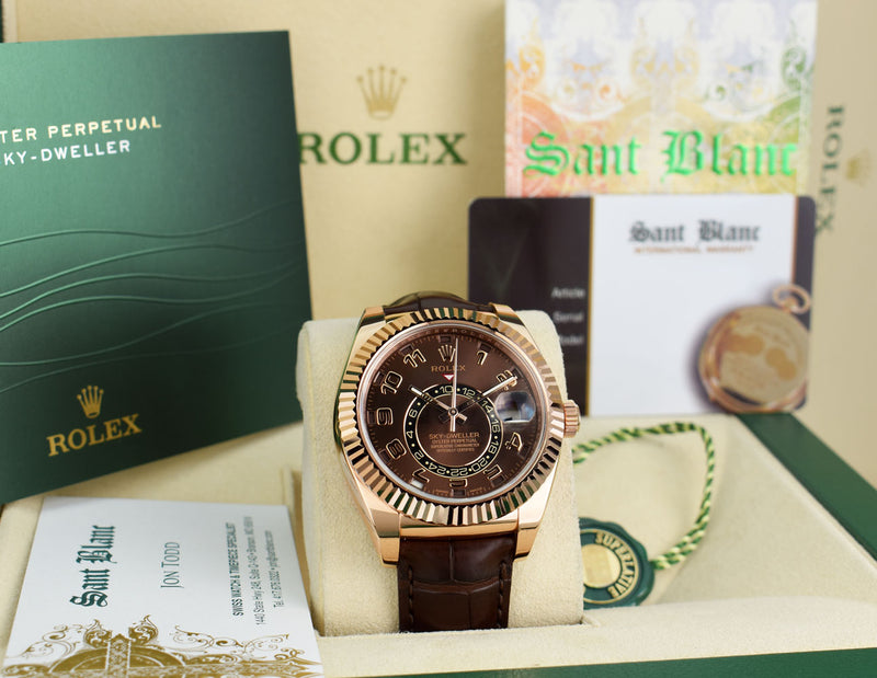 ROLEX 42mm 18kt Rose Gold Sky Dweller Chocolate Arabic Dial Model 326135