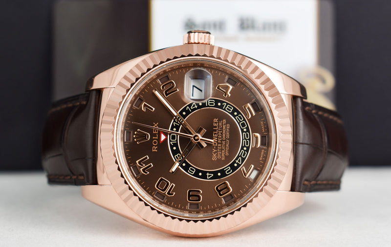 ROLEX 42mm 18kt Rose Gold Sky Dweller Chocolate Arabic Dial Model 326135