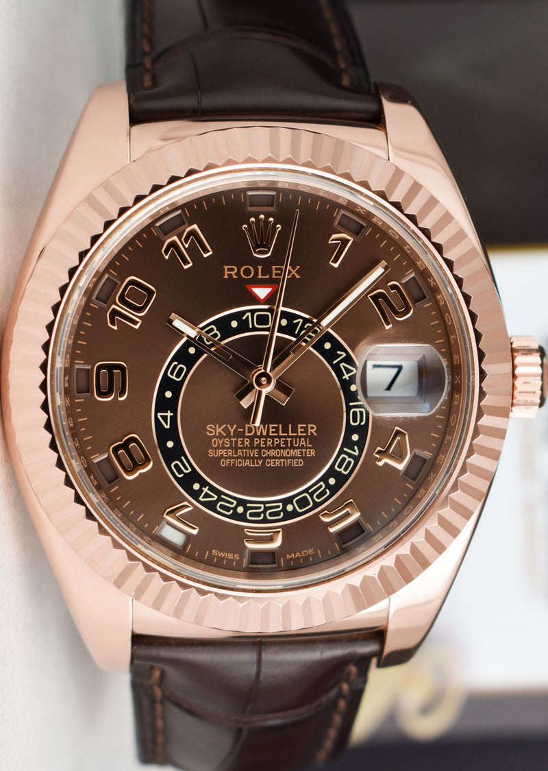 ROLEX 42mm 18kt Rose Gold Sky Dweller Chocolate Arabic Dial Model 326135